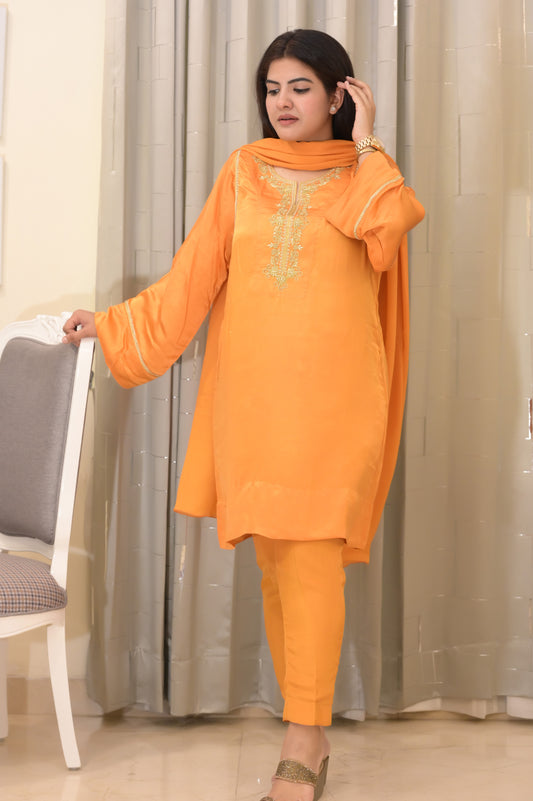 Elegant Orange Silk Kurta Set with Embroidered Neckline – Women’s Festive Ethnic Wear