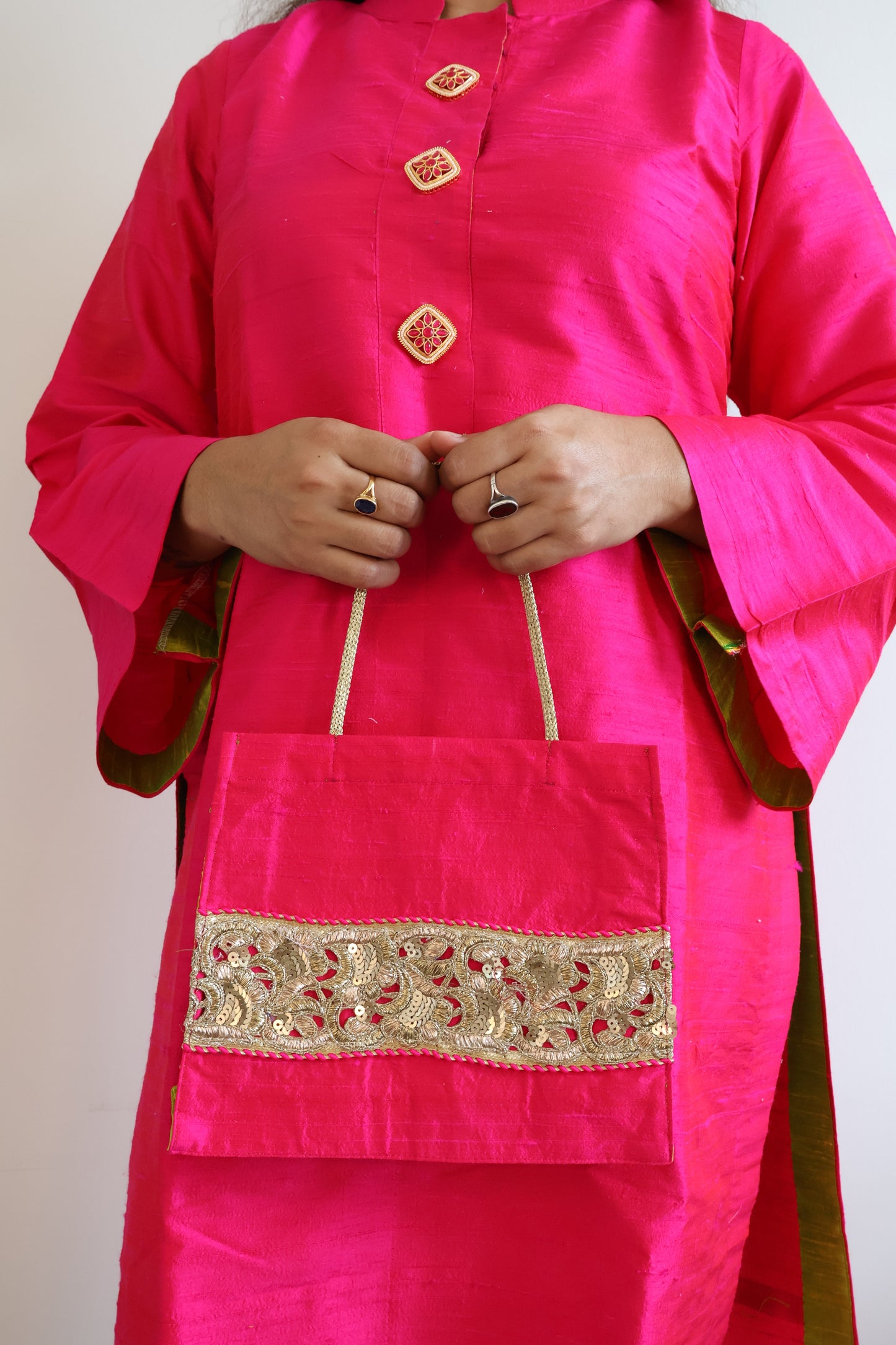 Hot Pink Silk Blend Kurta Set + Contrast Green Pants & Handbag
