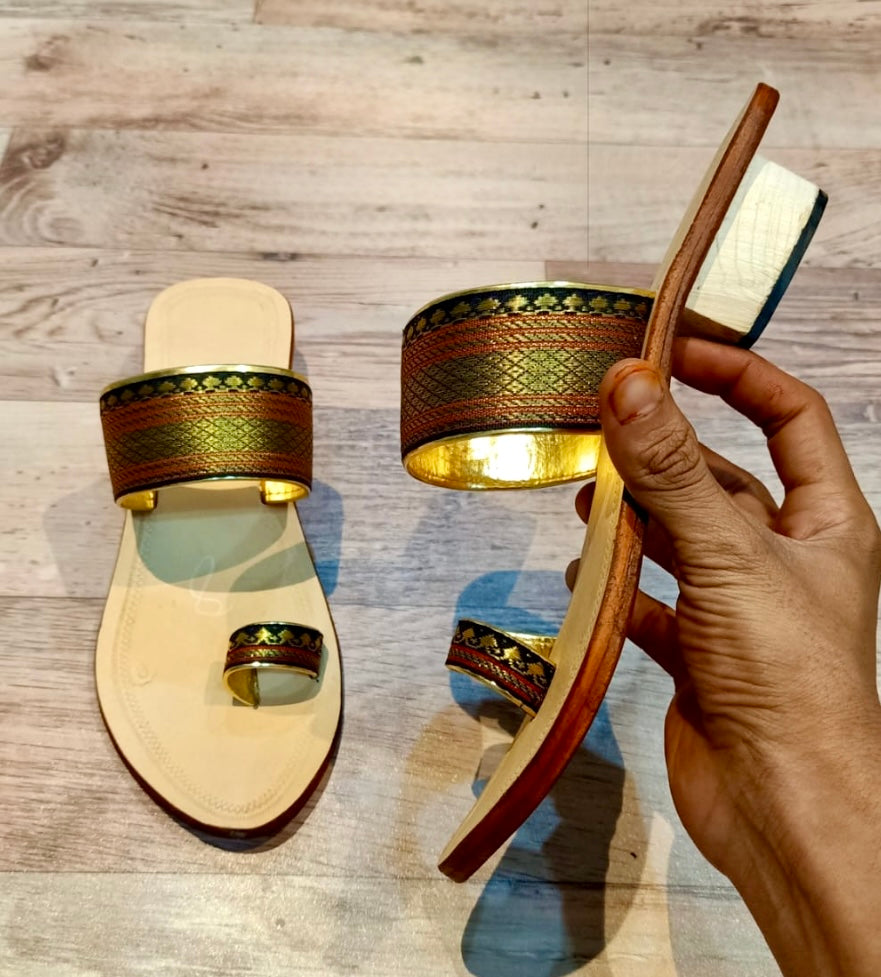 Handcrafted Kolhapuri Flats with Traditional Zari Design – Ethnic Footwear