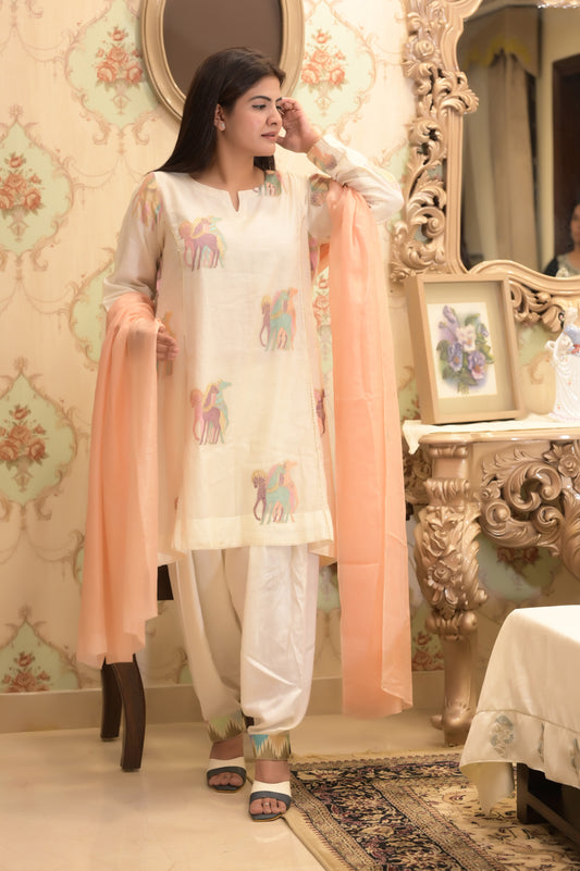 White Cotton Kurta Set with Multicolor Embroidery & Peach Dupatta – Women’s Ethnic Wear