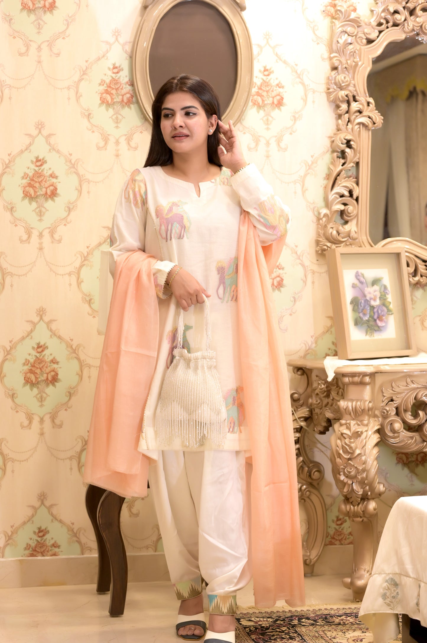 White Cotton Kurta Set with Multicolor Embroidery & Peach Dupatta – Women’s Ethnic Wear