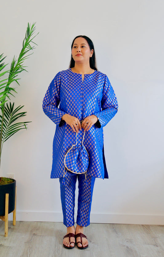 Purple Banarasi Brocade Kurta Co-ord Set with Potli Bag