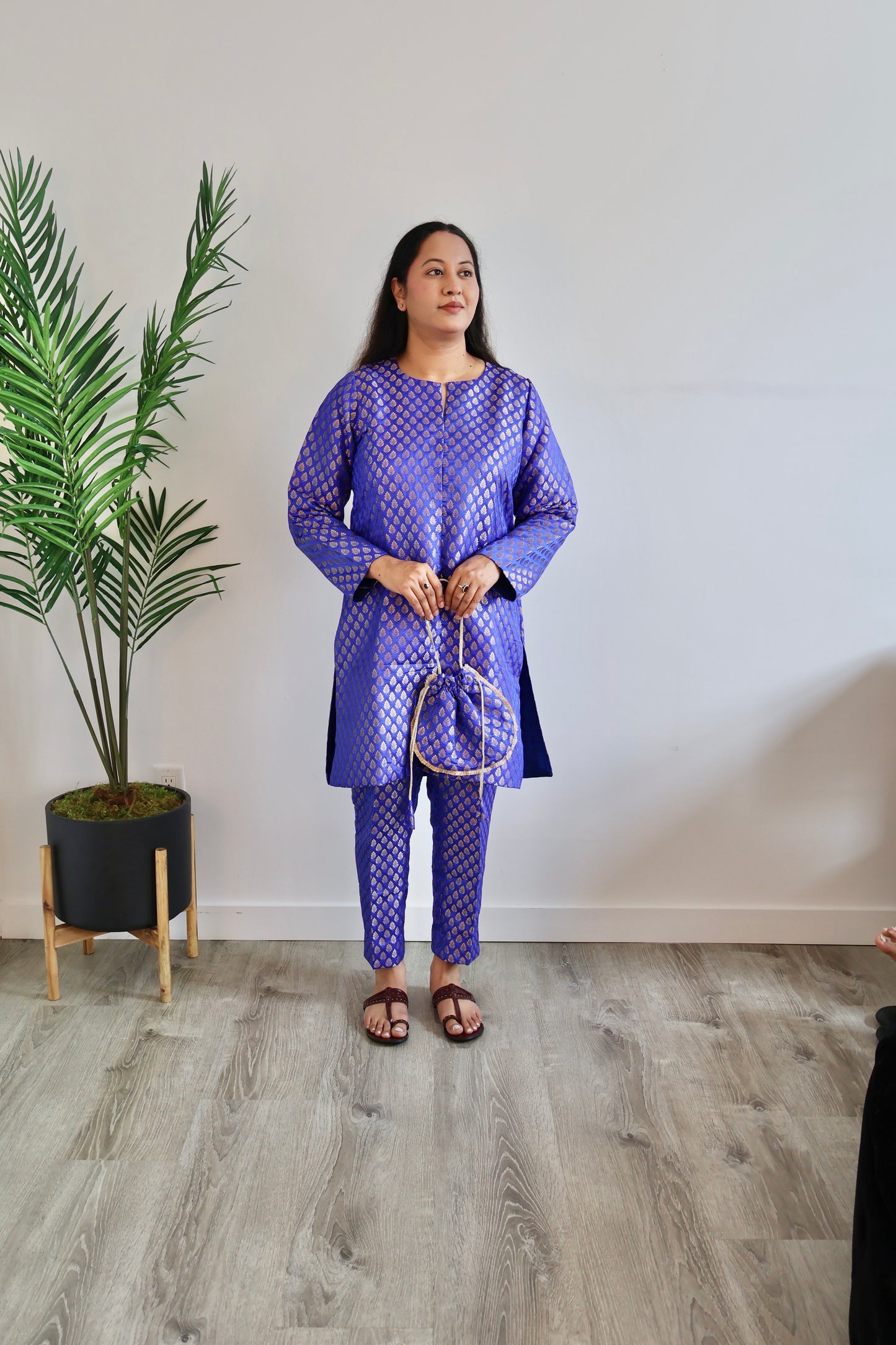 Purple Banarasi Brocade Kurta Co-ord Set with Potli Bag