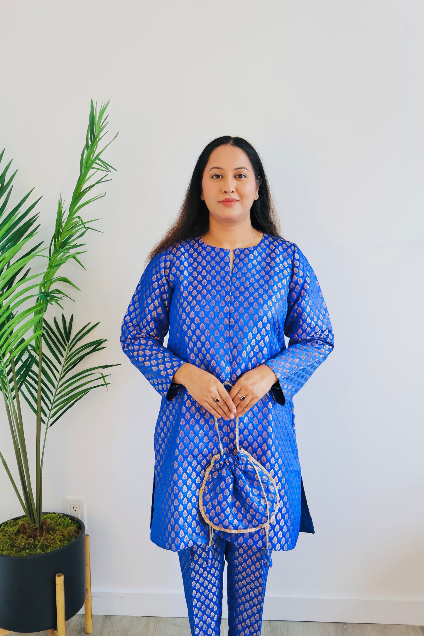 Purple Banarasi Brocade Kurta Co-ord Set with Potli Bag