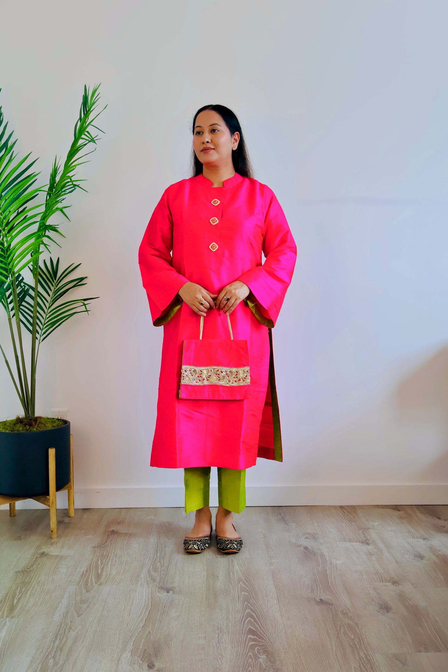 Hot Pink Silk Blend Kurta Set + Contrast Green Pants & Handbag