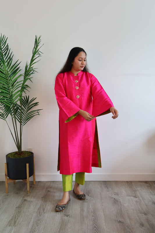 Hot Pink Silk Blend Kurta Set + Contrast Green Pants & Handbag