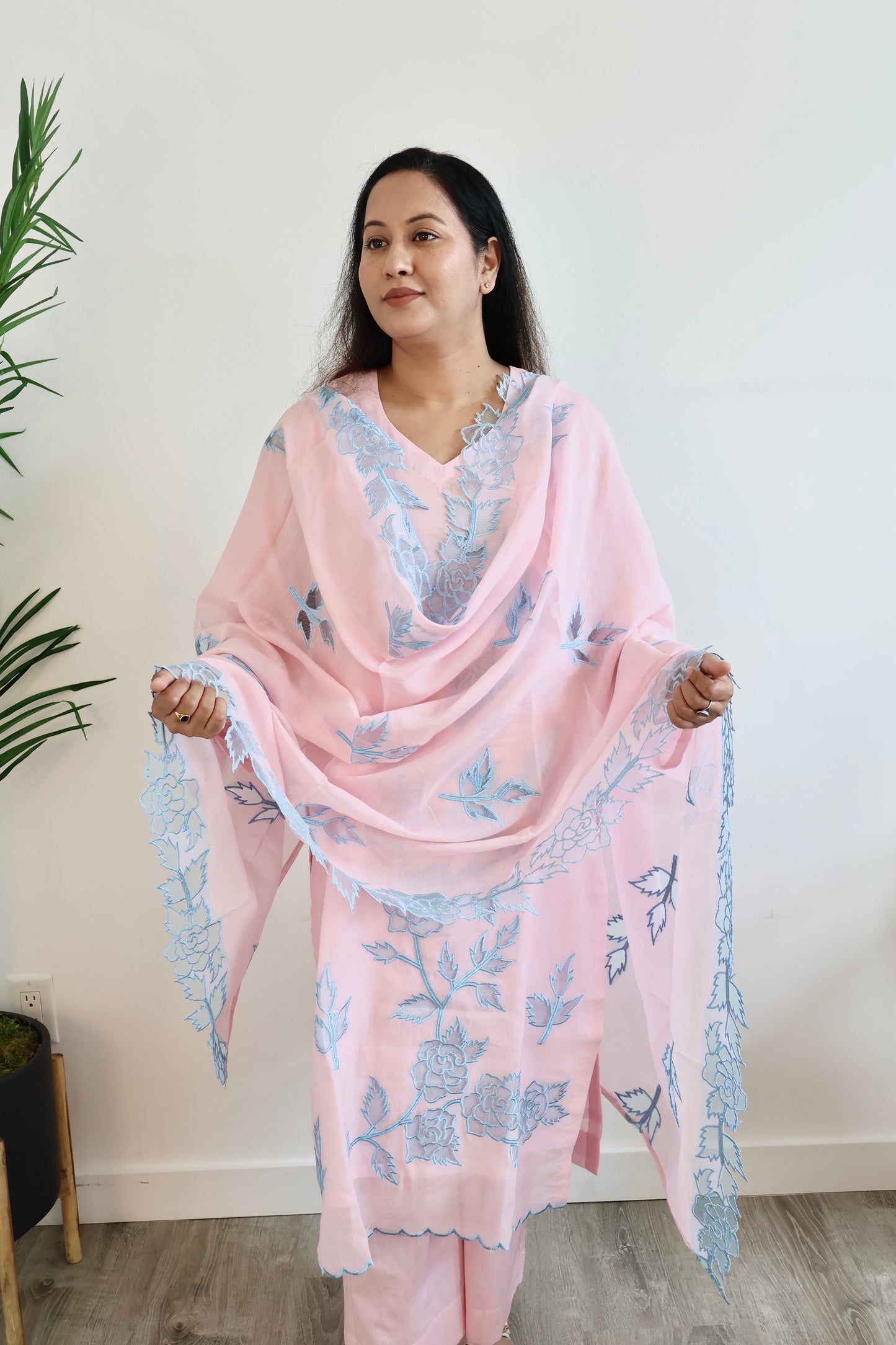 Pastel Pink Cotton Chikankari-Style Suit Set + Dupatta