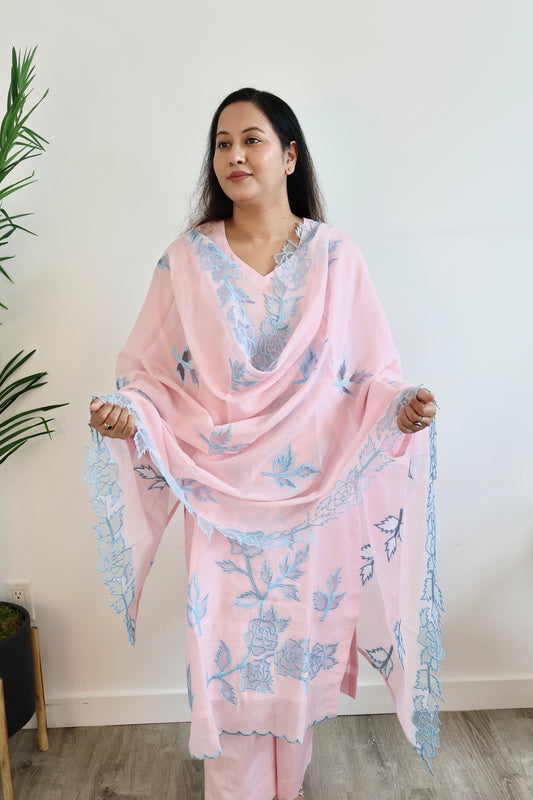 Pastel Pink Cotton Chikankari-Style Suit Set + Dupatta