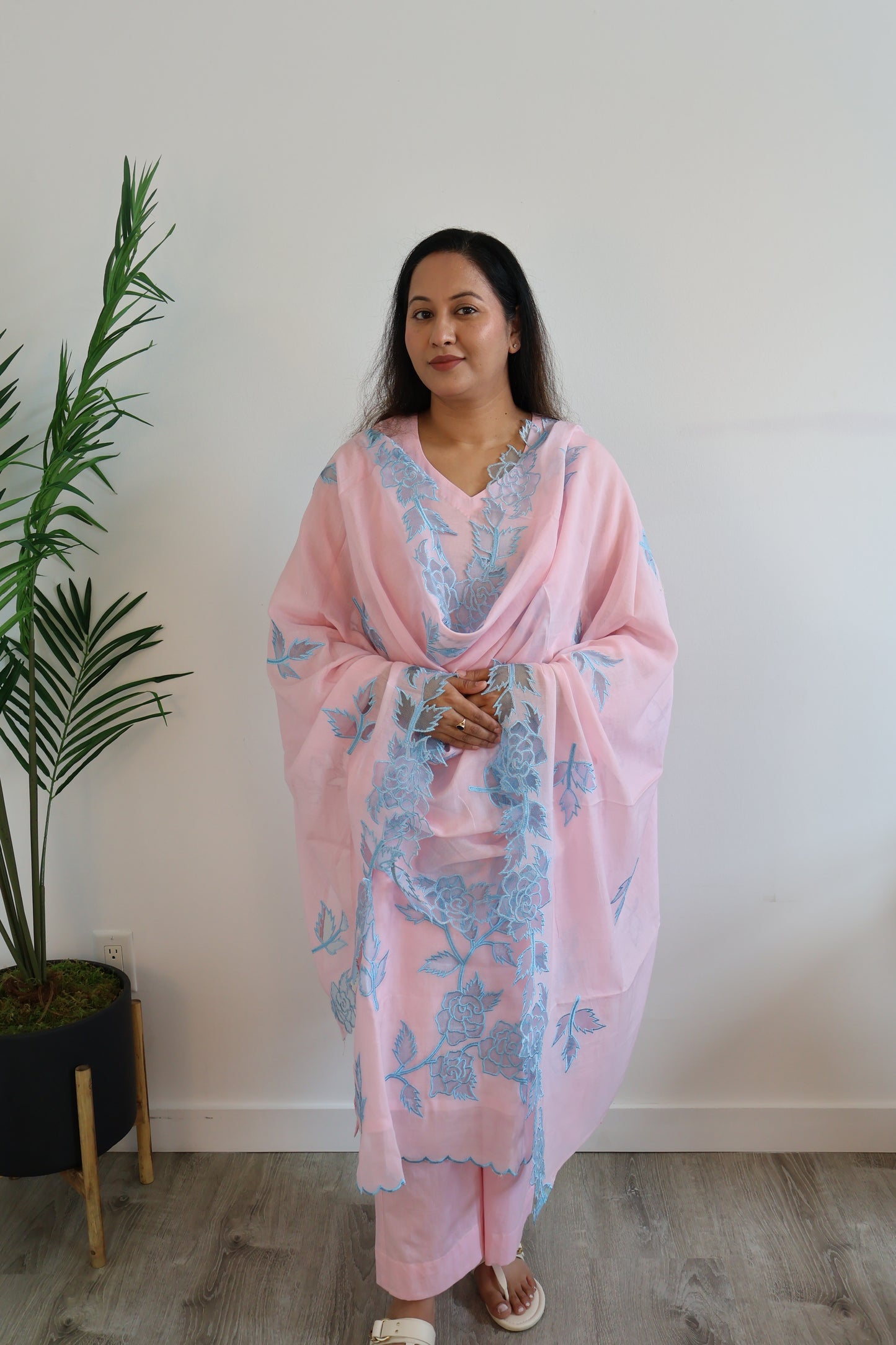 Pastel Pink Cotton Chikankari-Style Suit Set + Dupatta
