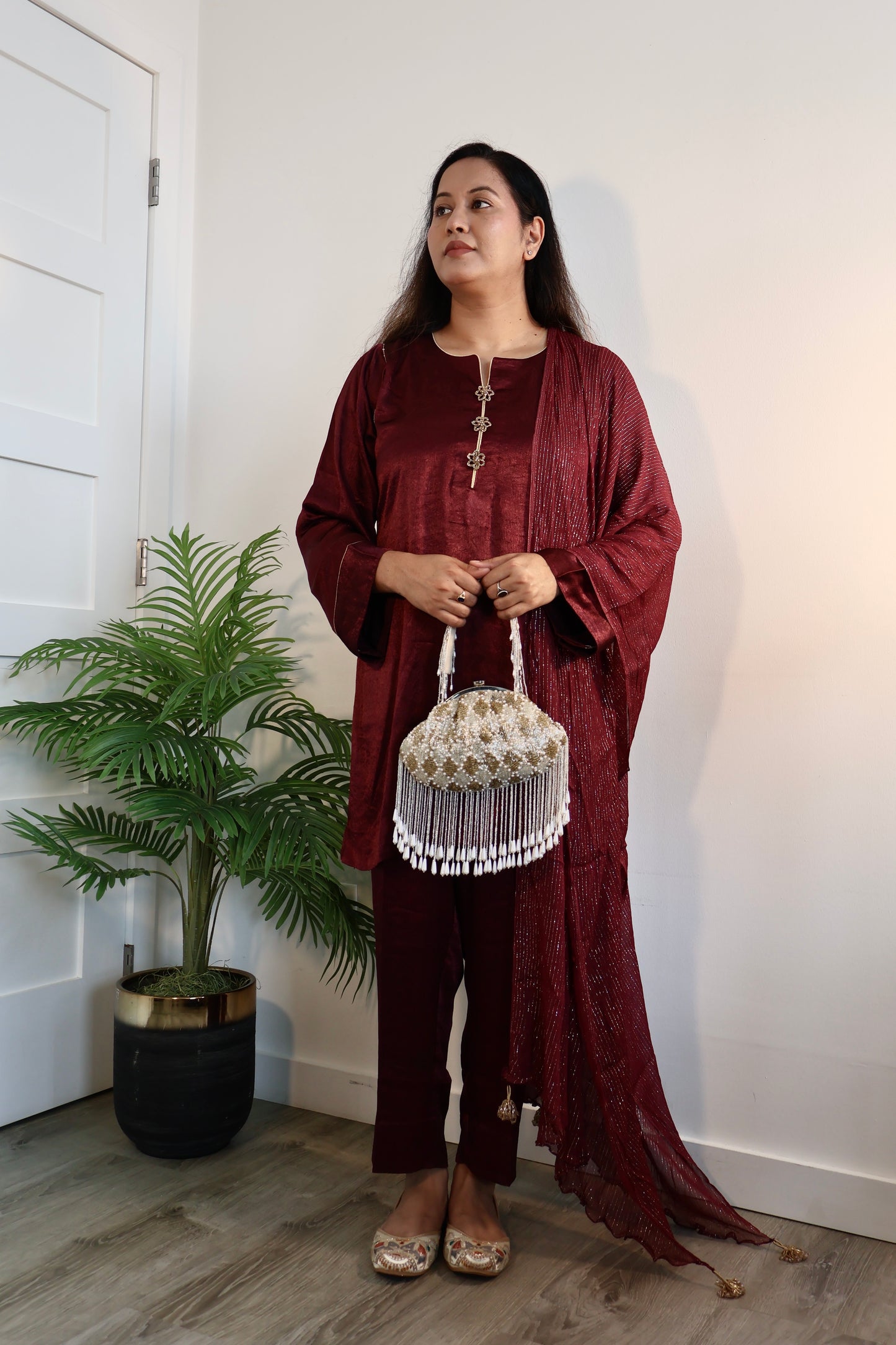 Deep Maroon Shimmer Kurta Set + Straight Pants & Dupatta