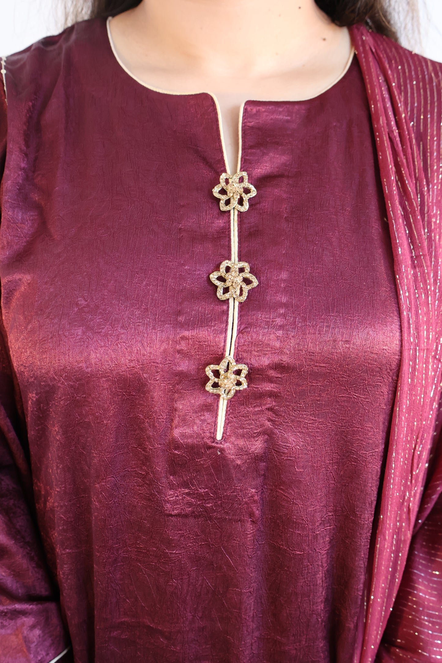 Deep Maroon Shimmer Kurta Set + Straight Pants & Dupatta