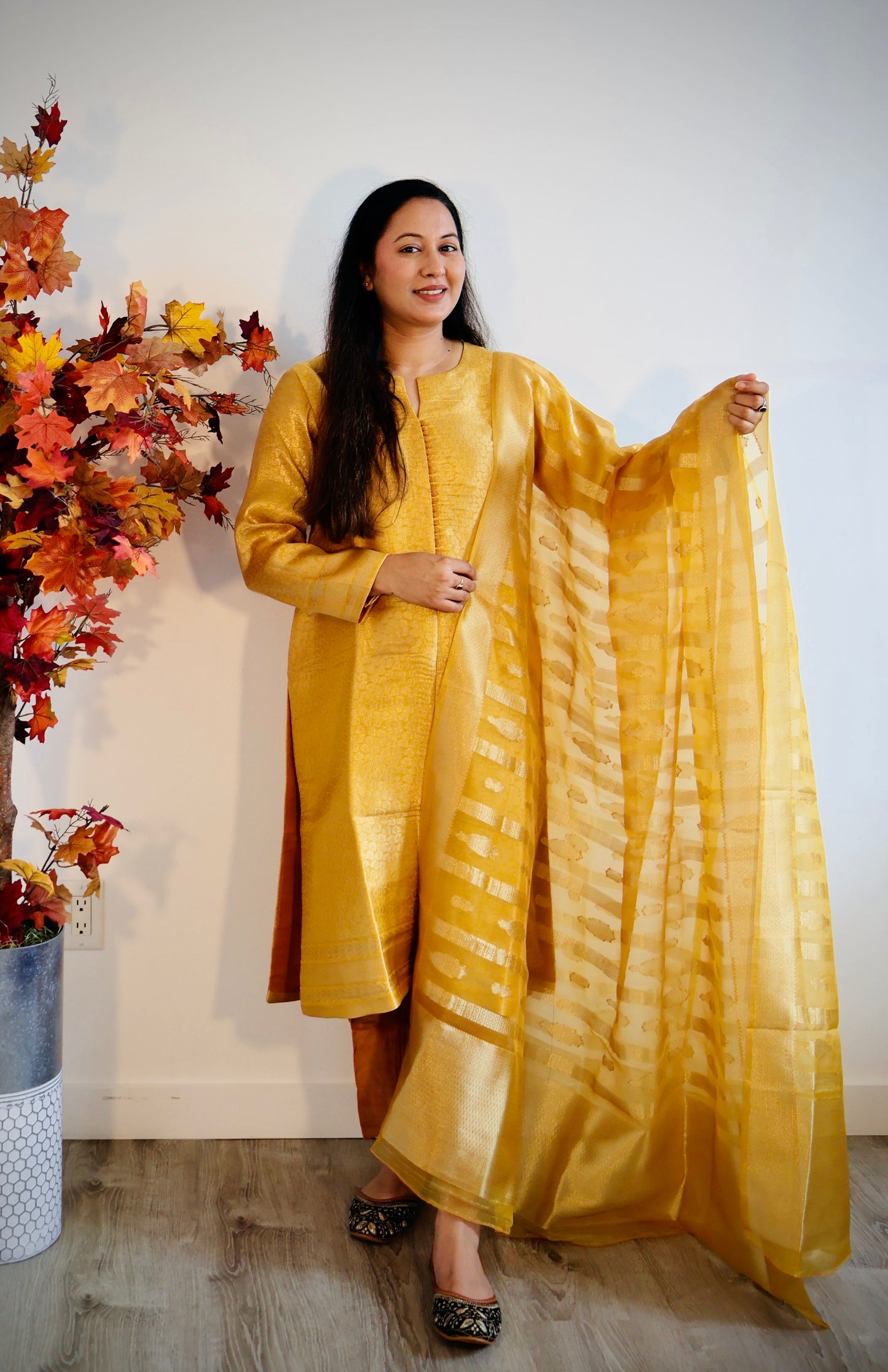 Golden Mustard Silk-Blend Kurta Set with Organza Dupatta