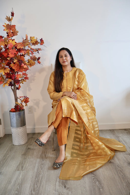 Golden Mustard Silk-Blend Kurta Set with Organza Dupatta