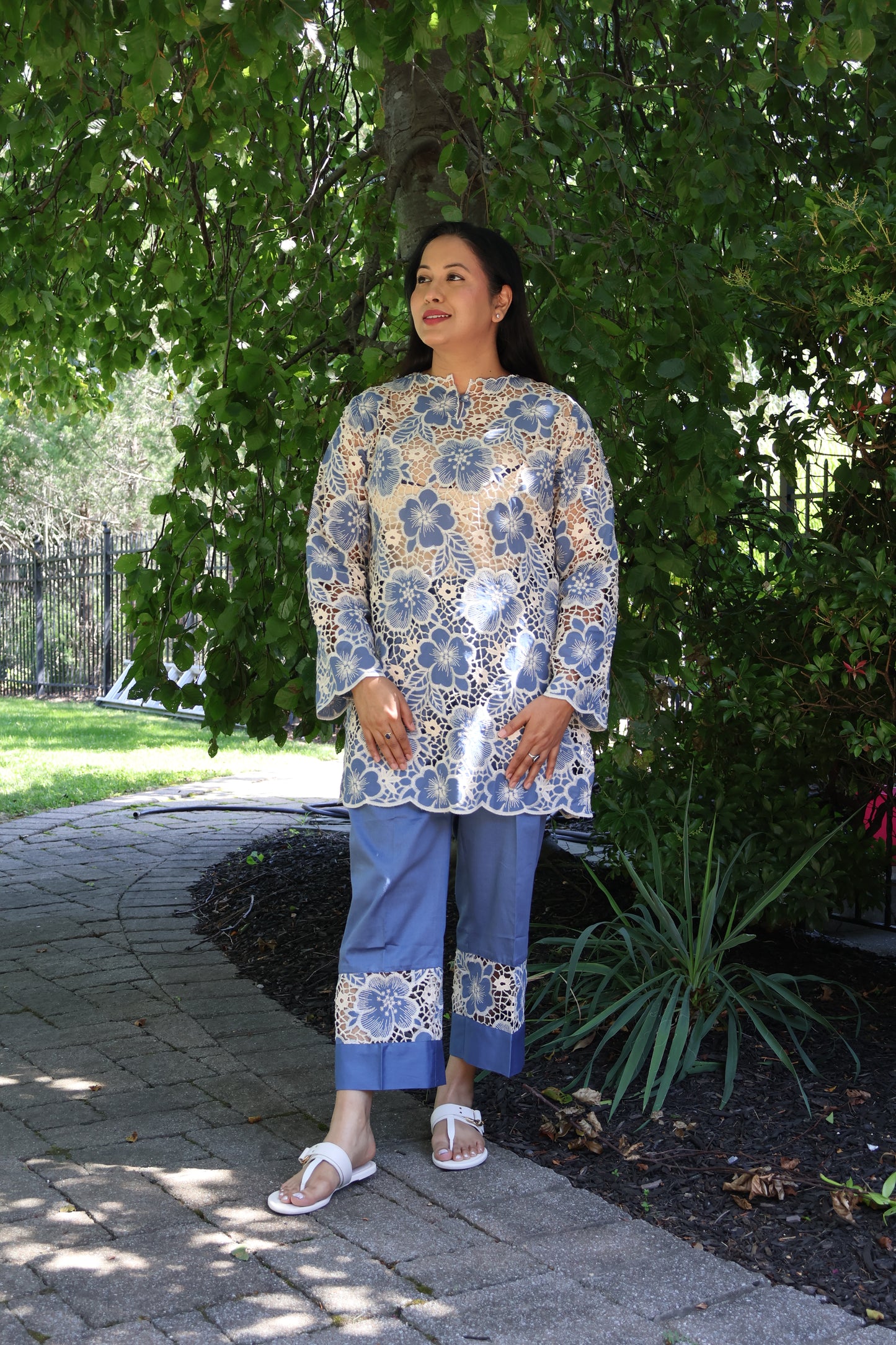 Blue Floral Crochet Lace Kurta with Solid Cotton Pants