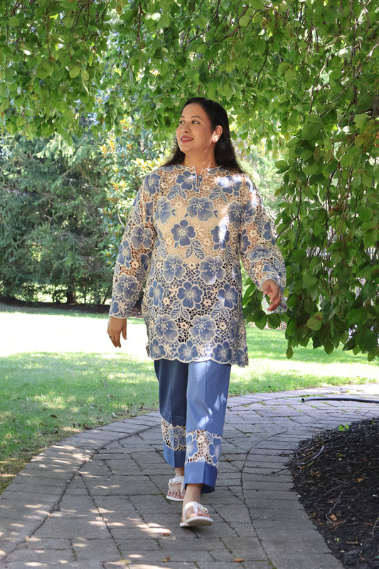 Blue Floral Crochet Lace Kurta with Solid Cotton Pants