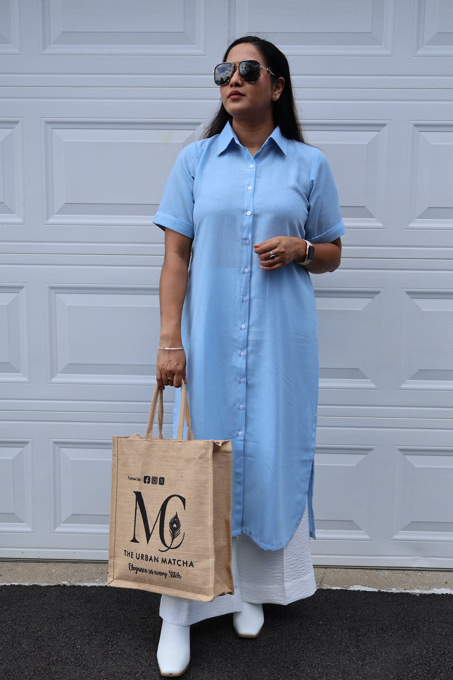 Sky Blue Button-Down Long Shirt with White Palazzo