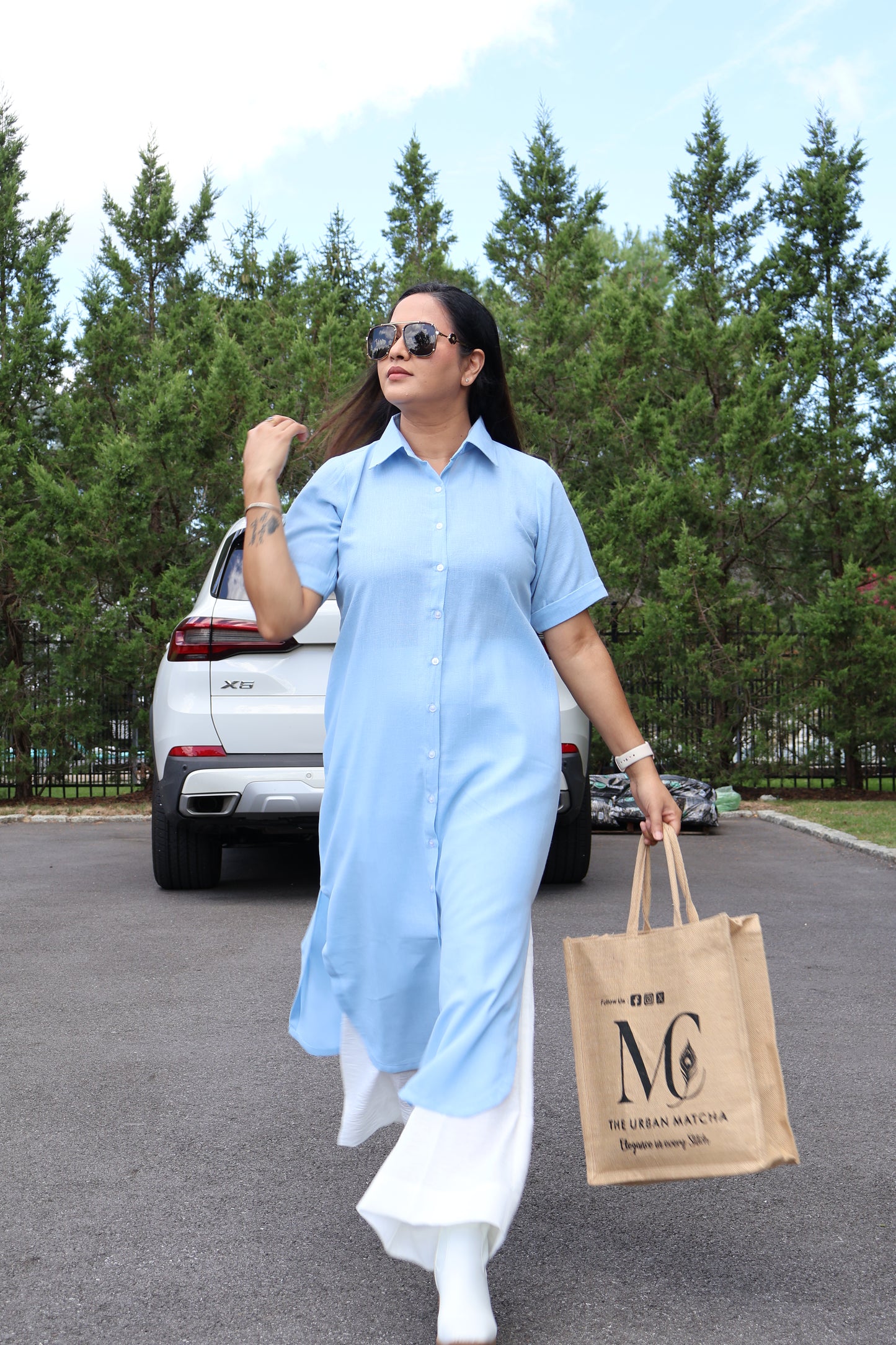 Sky Blue Button-Down Long Shirt with White Palazzo