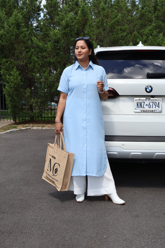 Sky Blue Button-Down Long Shirt with White Palazzo