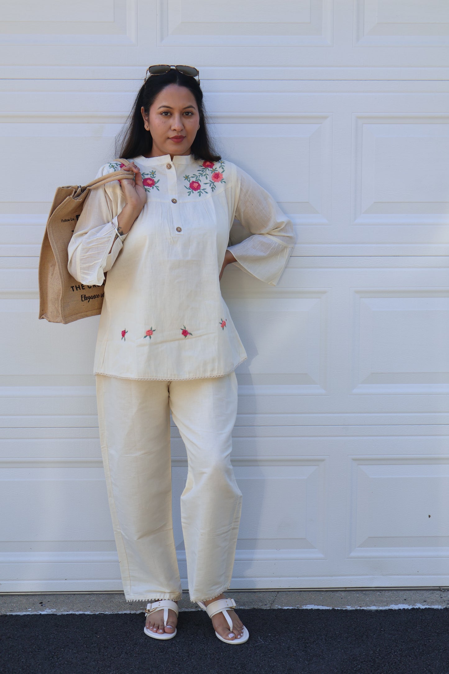 Ivory Floral Embroidered Kurta Co-Ord Set