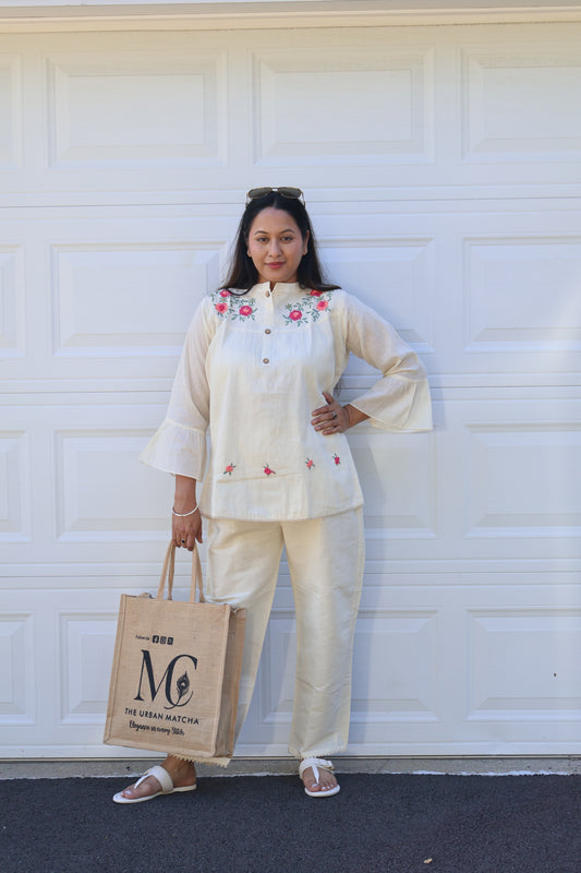Ivory Floral Embroidered Kurta Co-Ord Set
