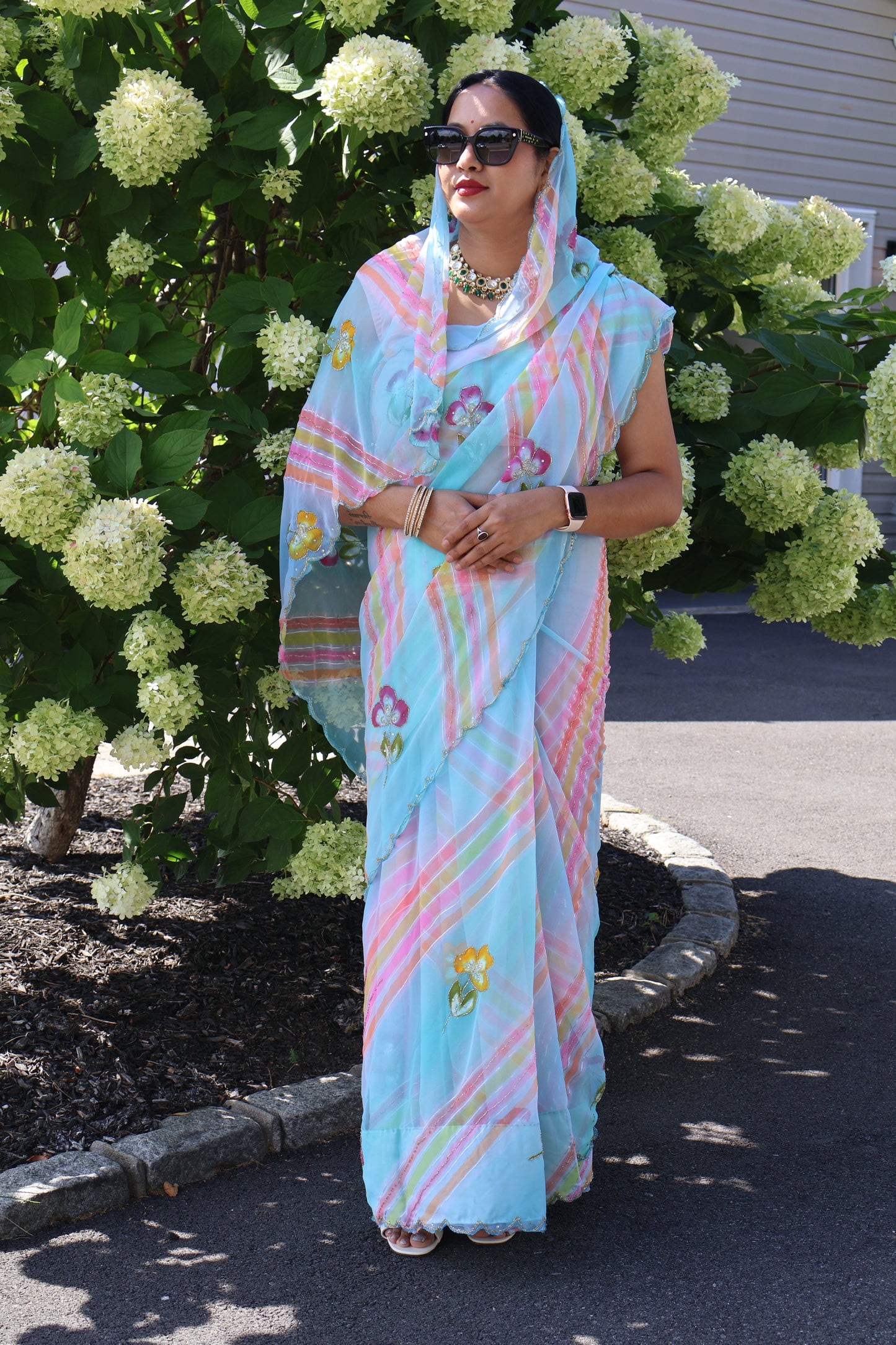 Pastel Blue Georgette Saree with Multicolor Stripes & Floral Embroidery – Lightweight Party Wear